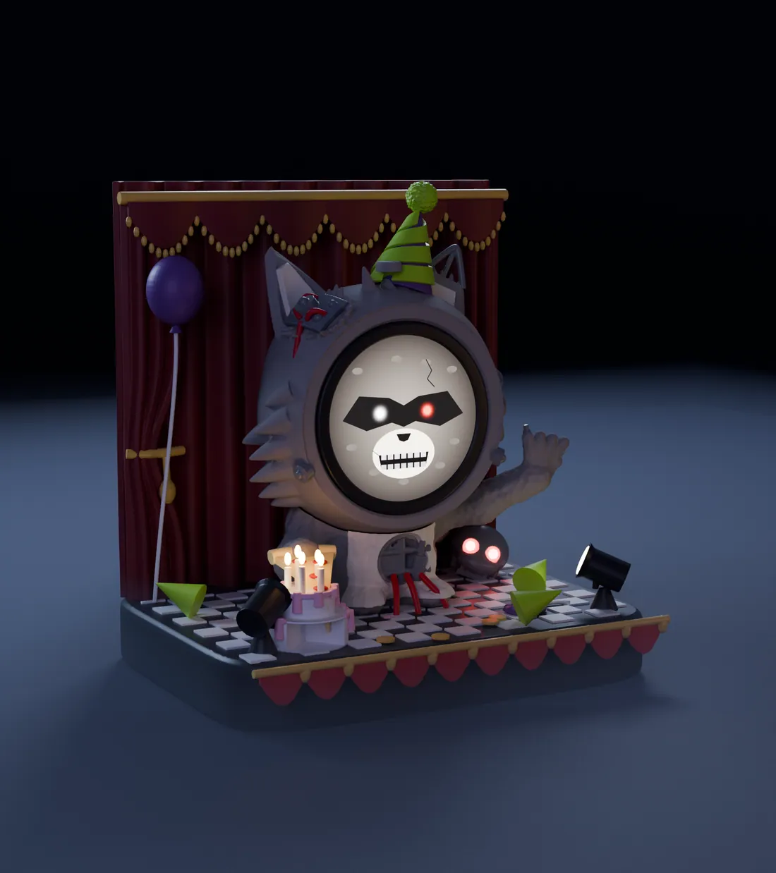 Bandit, the broken animatronic FrightBuddy, in its diorama