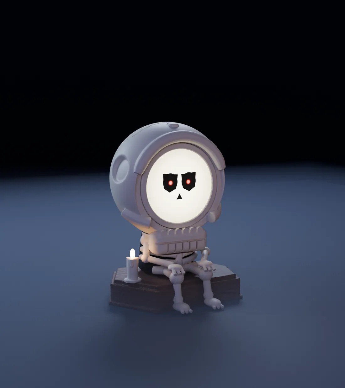 Bones, the skeleton FrightBuddy, in its diorama