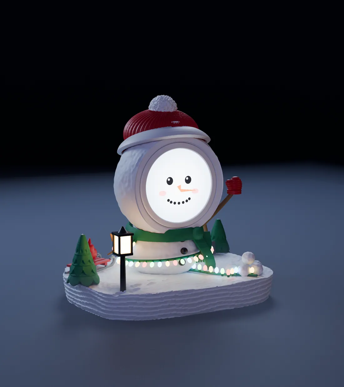 Flurry, the snowman FrightBuddy, in its diorama