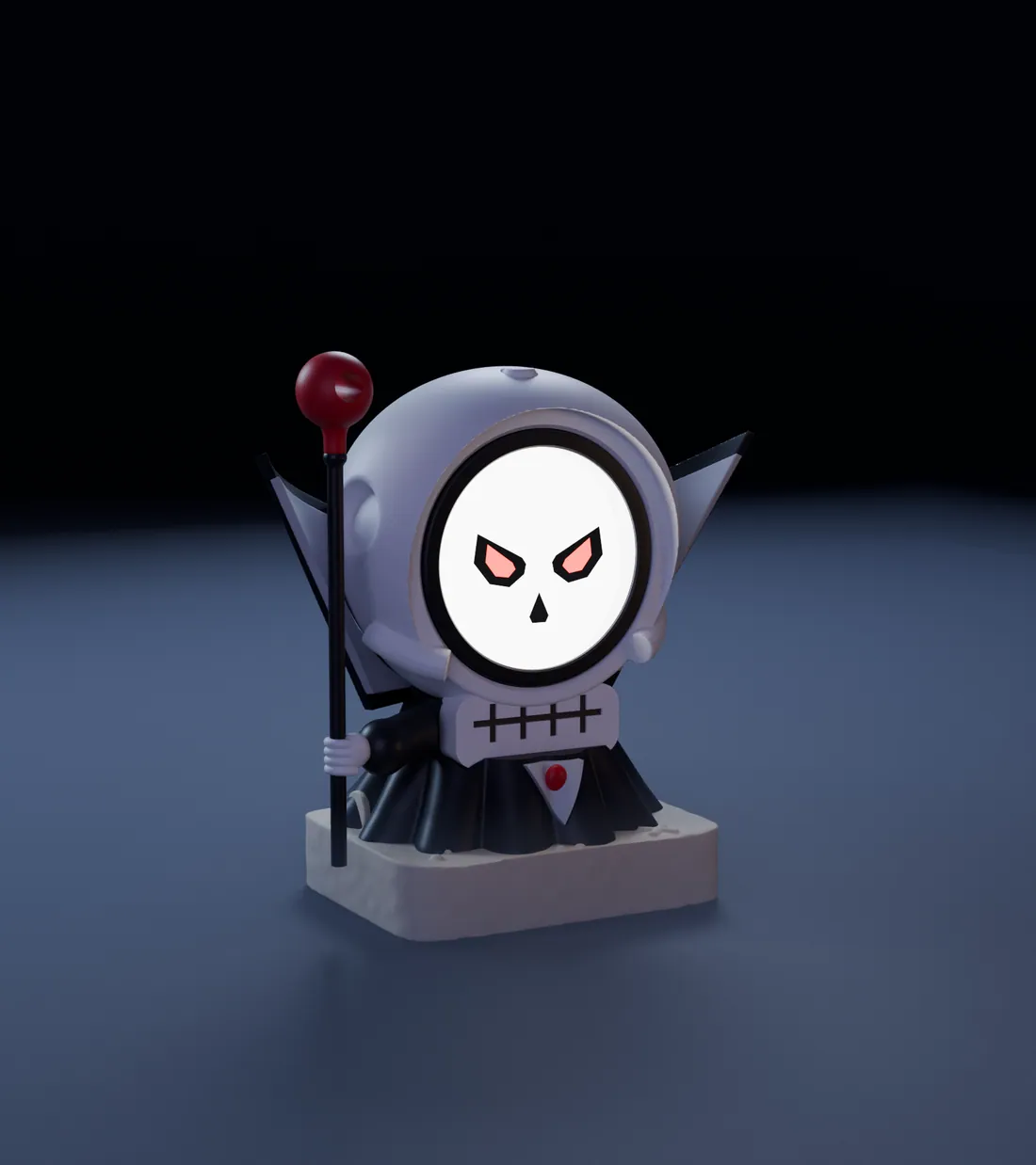 FrightMaps Skull, the the frightmaps mascot FrightBuddy, in its diorama