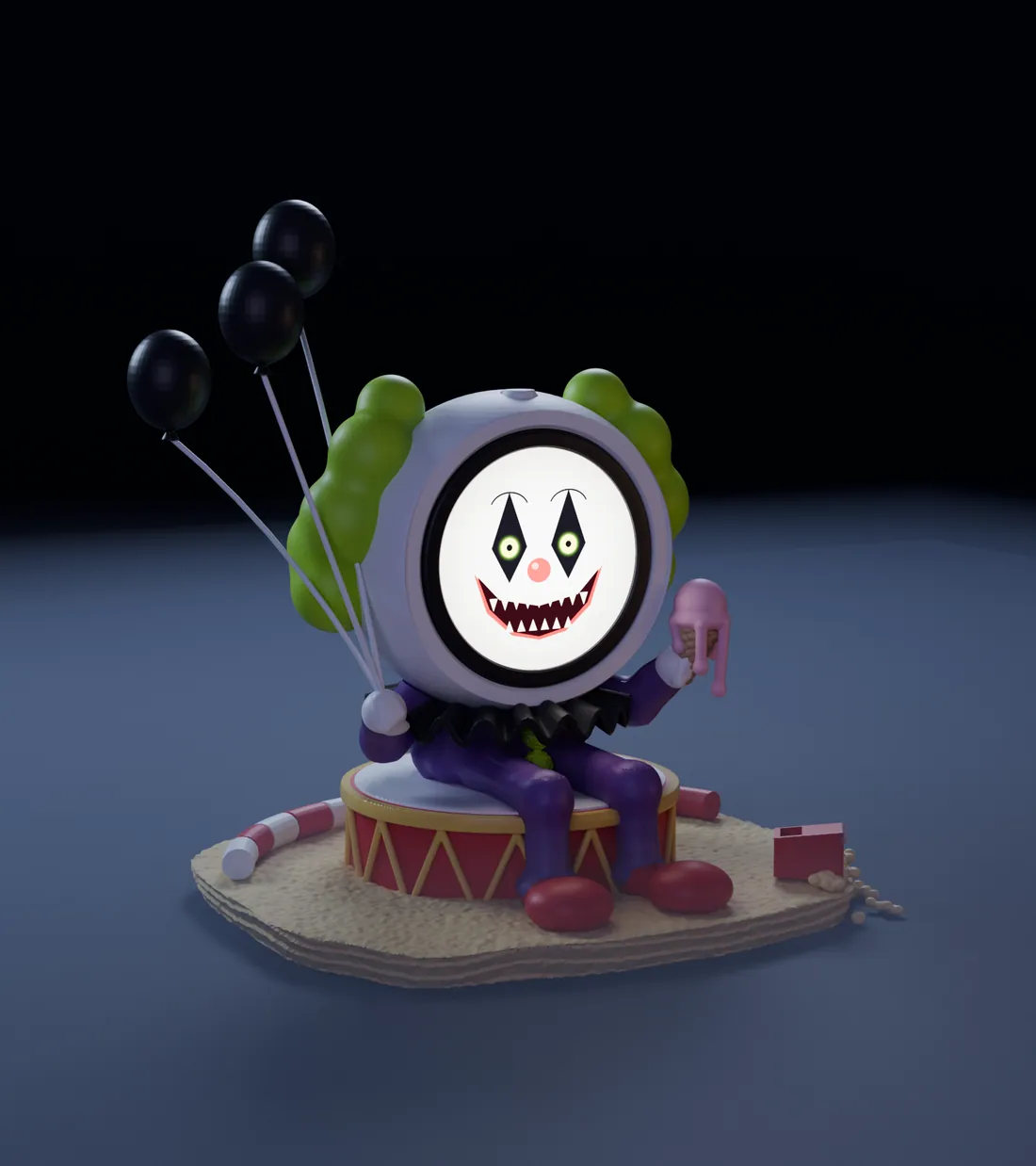 Giggles, the clown FrightBuddy, in its diorama
