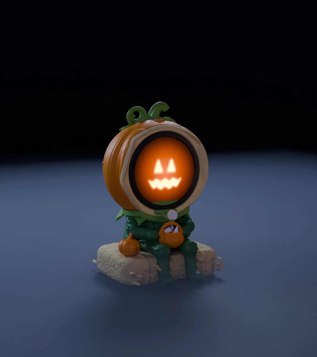 Jack, the jack-o'-lantern FrightBuddy, in its diorama