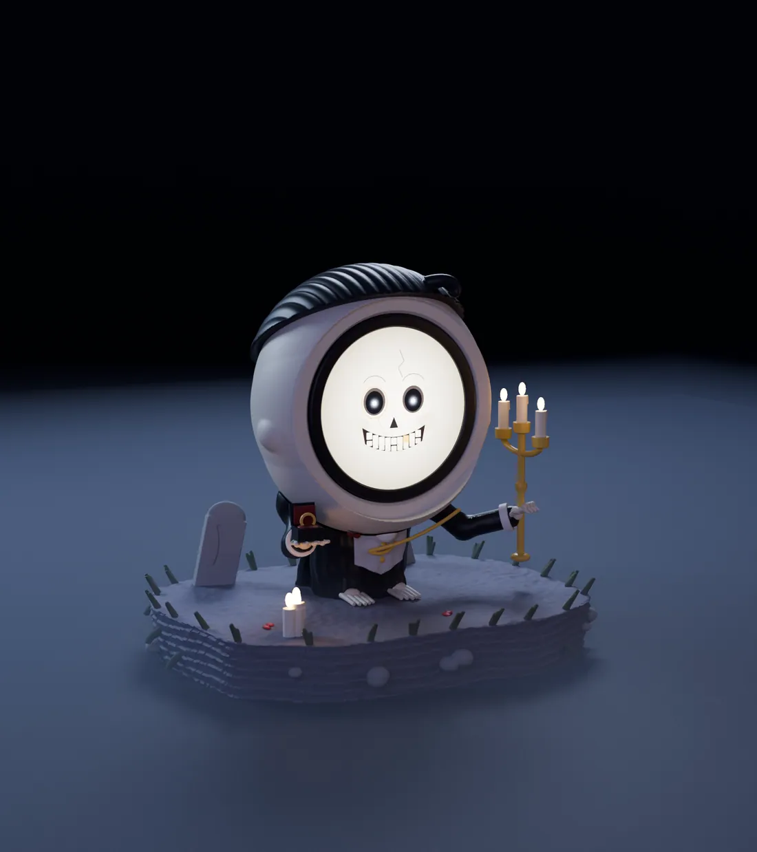 Morrow, the skeleton groom FrightBuddy, in its diorama