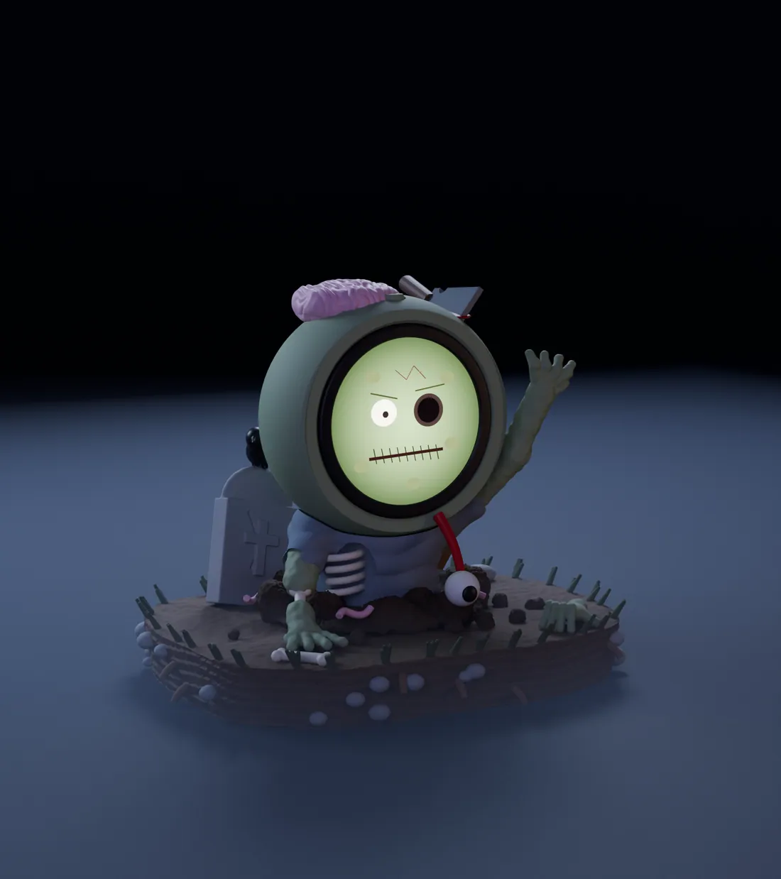Rot, the zombie FrightBuddy, in its diorama