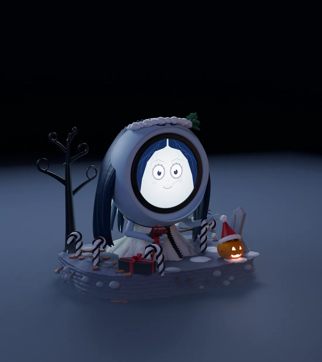 Veil, the undead bride FrightBuddy, in its diorama