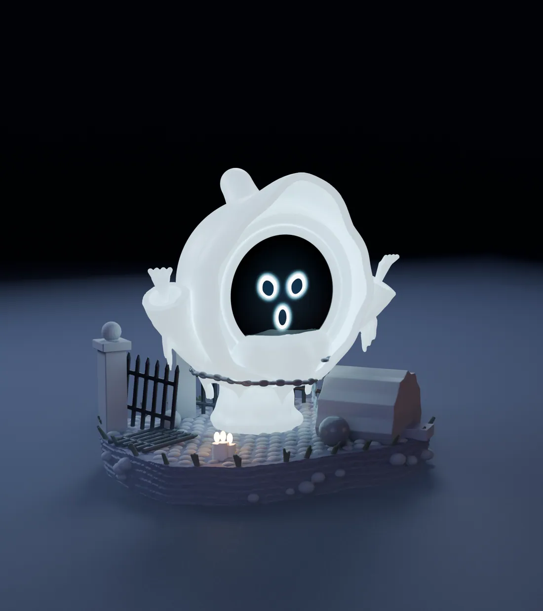 Wisp, the chained ghost FrightBuddy, in its diorama
