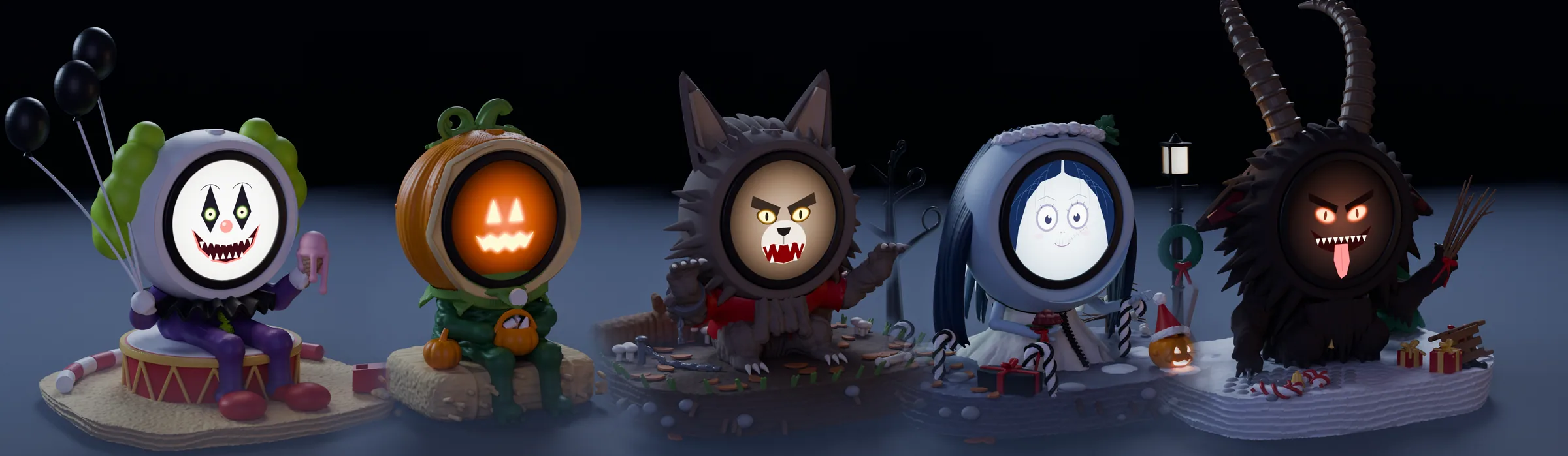Giggles, Jack, Howl, Veil and Krampus, each on its diorama at night, with their faces playing on their screens